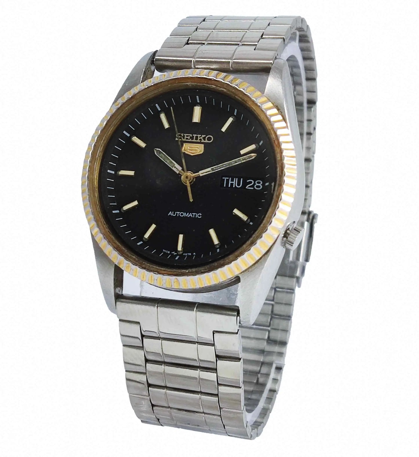 Seiko 5 Automatic-7009A Black Dial 17 Jewels Golden Bezel Day Date Men's Wrist Watch Discover-Diamonds