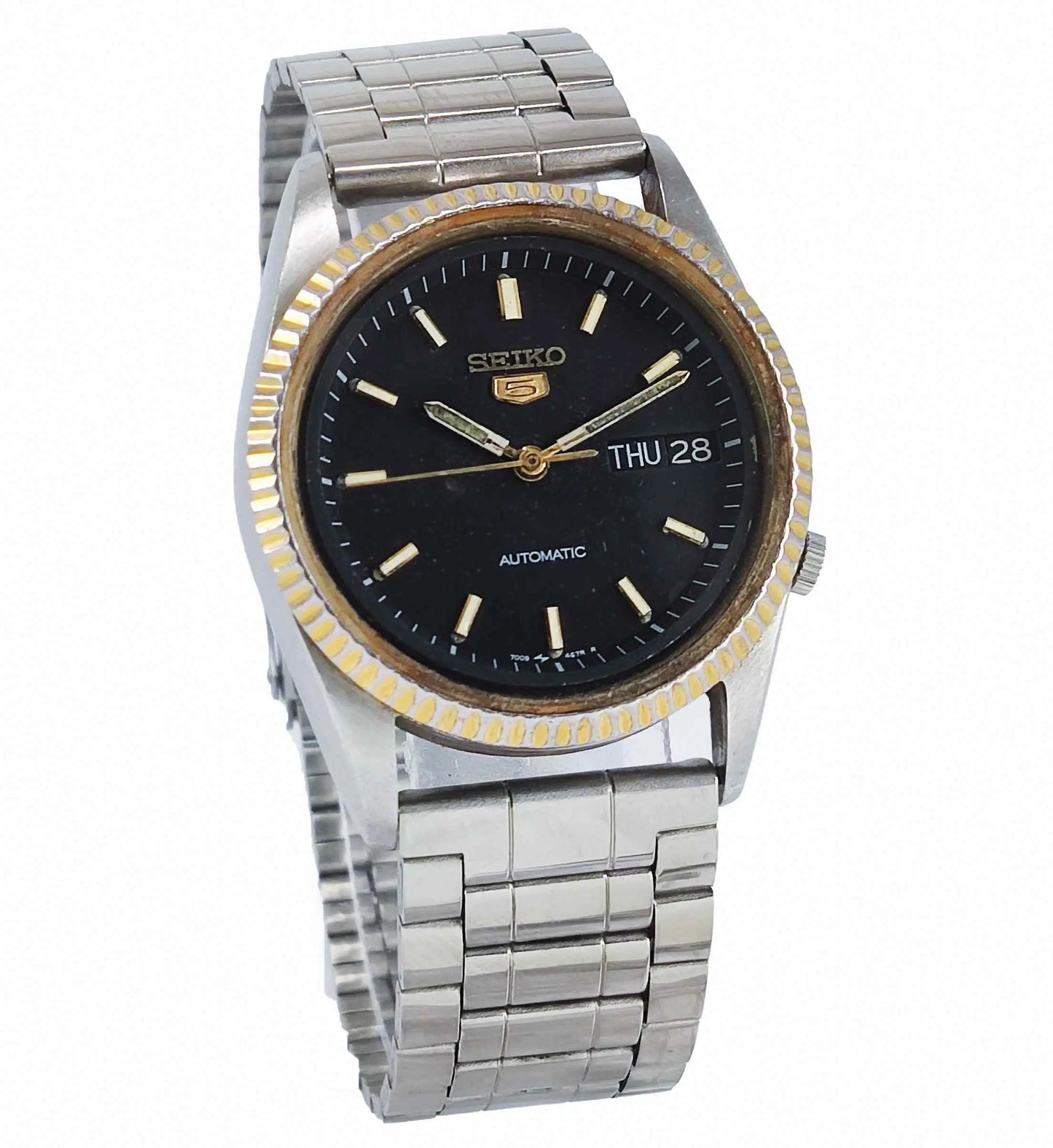 Seiko 5 Automatic-7009A Black Dial 17 Jewels Golden Bezel Day Date Men's Wrist Watch Discover-Diamonds