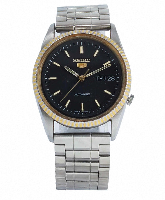 Seiko 5 Automatic-7009A Black Dial 17 Jewels Golden Bezel Day Date Men's Wrist Watch Discover-Diamonds