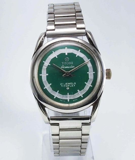 Titoni Airmaster 21 Jewels Titoflex Peacock Green Dial Watch Discover-Diamonds