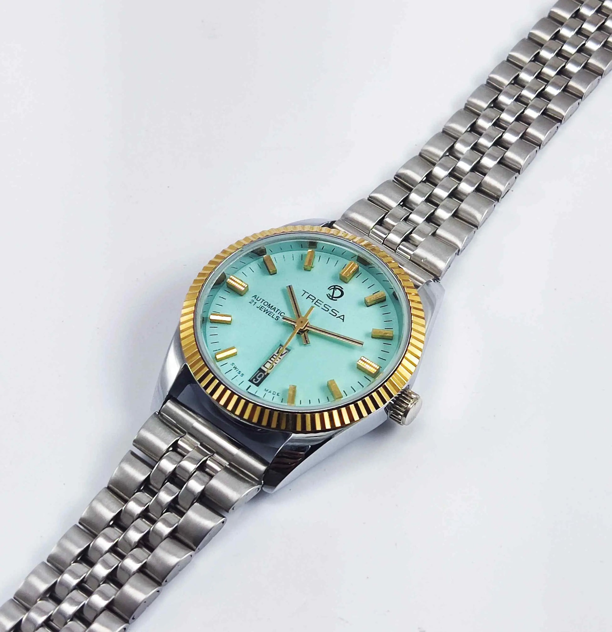 Trassa Automatic 21 Jewels Turquoise Dial  Golden Bezel Day Date 2066 Men's Watch Discover-Diamonds