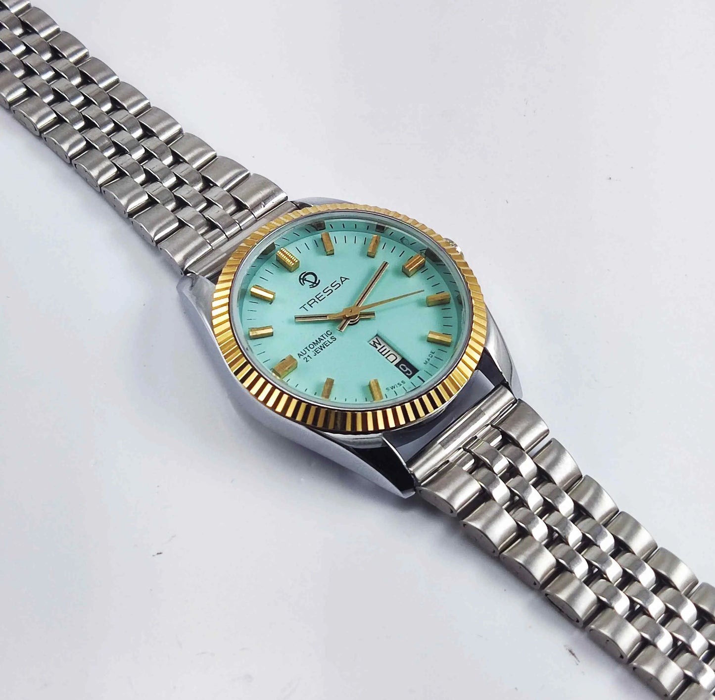 Trassa Automatic 21 Jewels Turquoise Dial Golden Bezel Day Date 2066 Men's Watch Discover-Diamonds