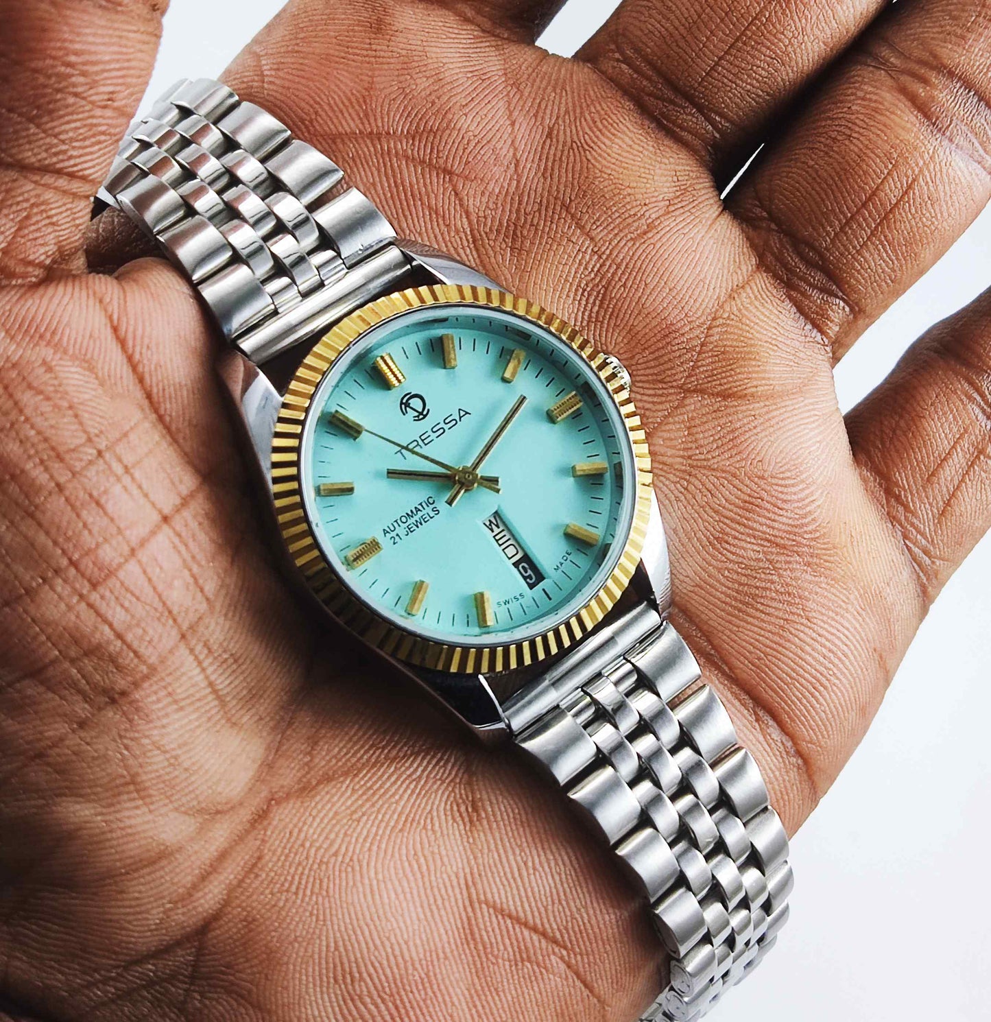 Trassa Automatic 21 Jewels Turquoise Dial Golden Bezel Day Date 2066 Men's Watch Discover-Diamonds
