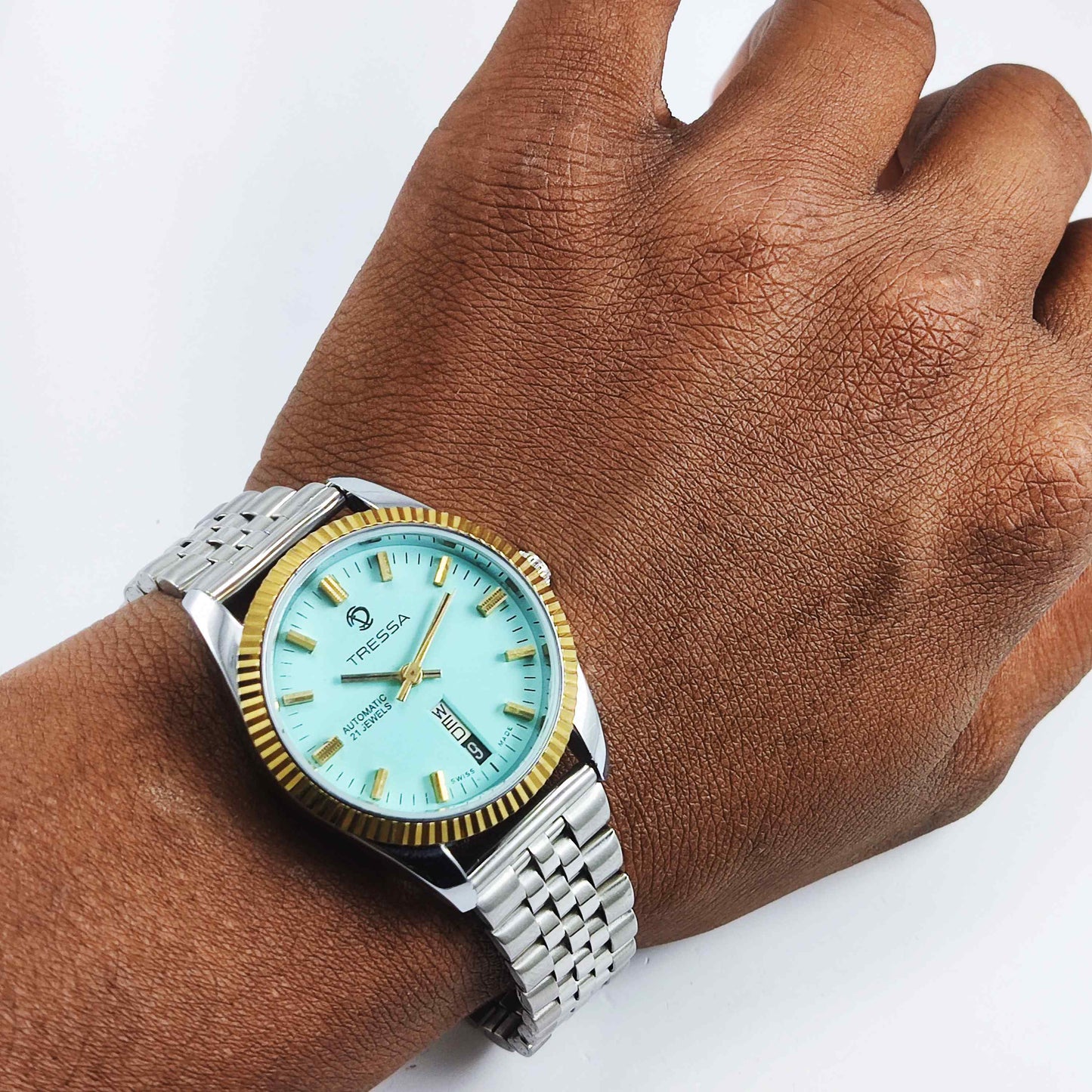 Trassa Automatic 21 Jewels Turquoise Dial Golden Bezel Day Date 2066 Men's Watch Discover-Diamonds