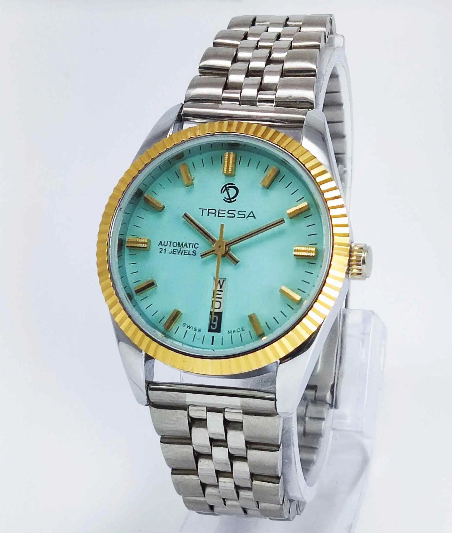 Trassa Automatic 21 Jewels Turquoise Dial Golden Bezel Day Date 2066 Men's Watch Discover-Diamonds