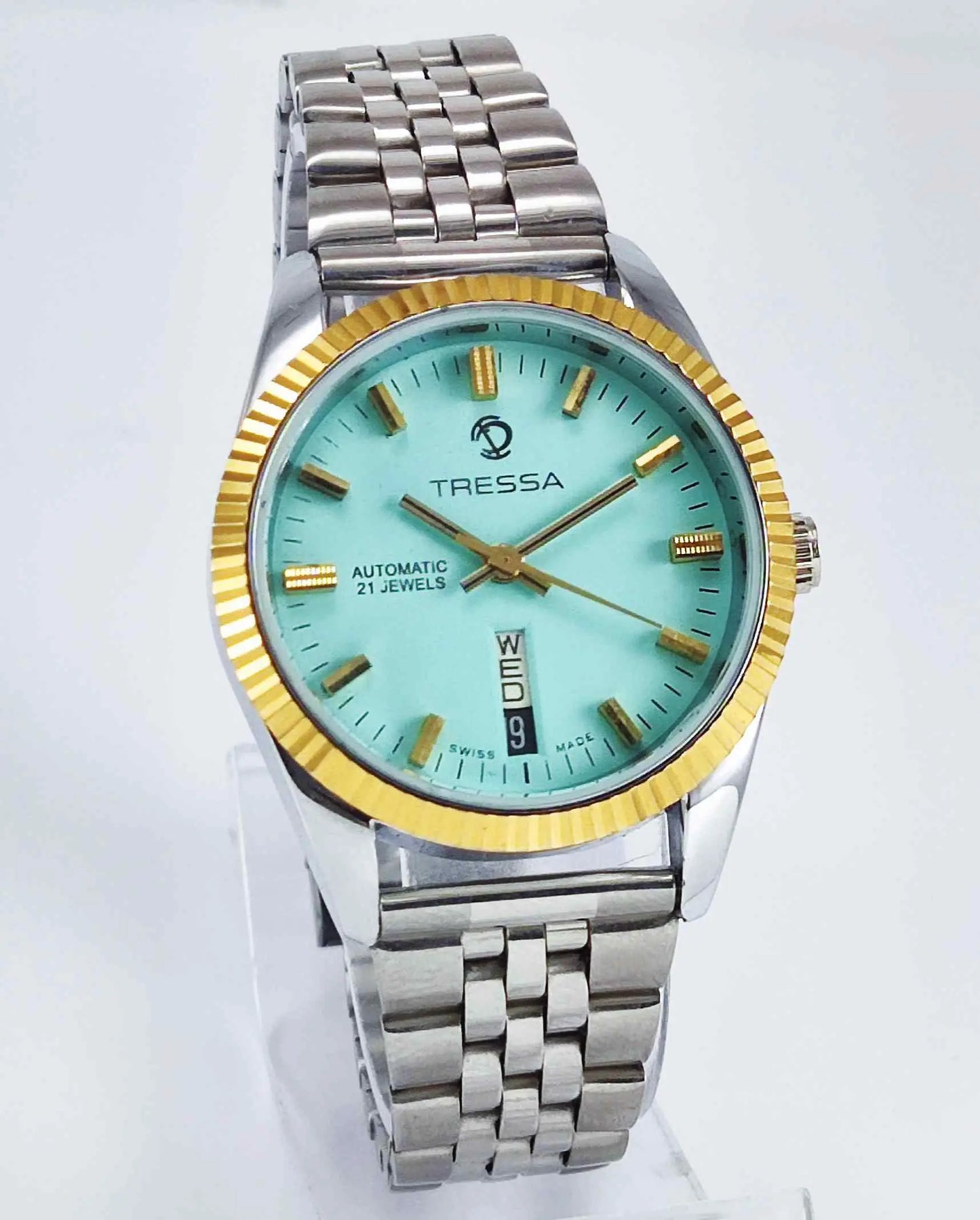 Trassa Automatic 21 Jewels Turquoise Dial Golden Bezel Day Date 2066 Men's Watch Discover-Diamonds