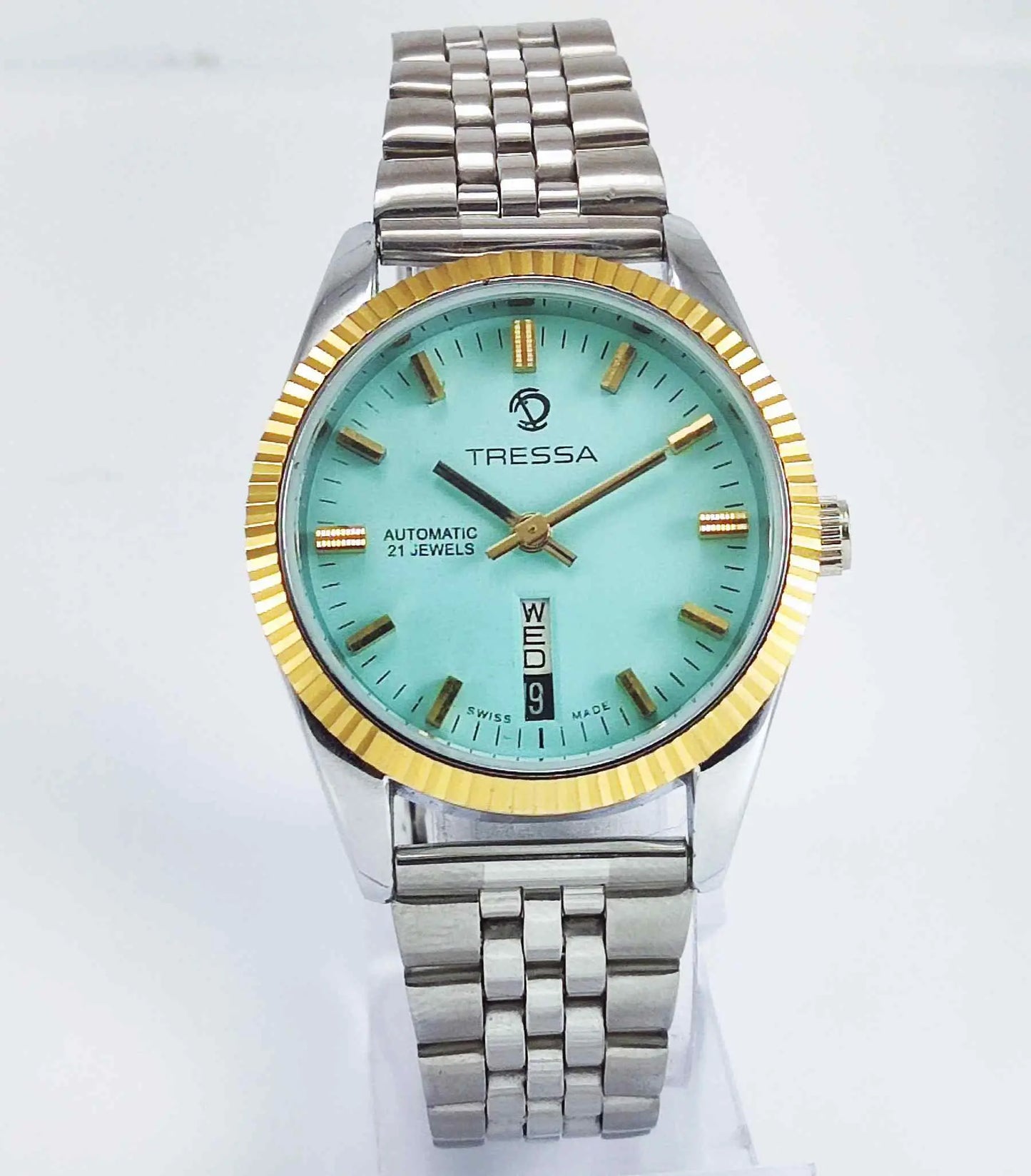 Trassa Automatic 21 Jewels Turquoise Dial Golden Bezel Day Date 2066 Men's Watch Discover-Diamonds