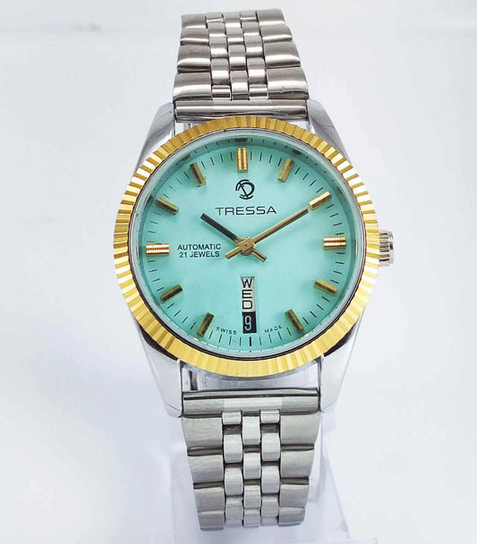 Trassa Automatic 21 Jewels Turquoise Dial  Golden Bezel Day Date 2066 Men's Watch Discover-Diamonds