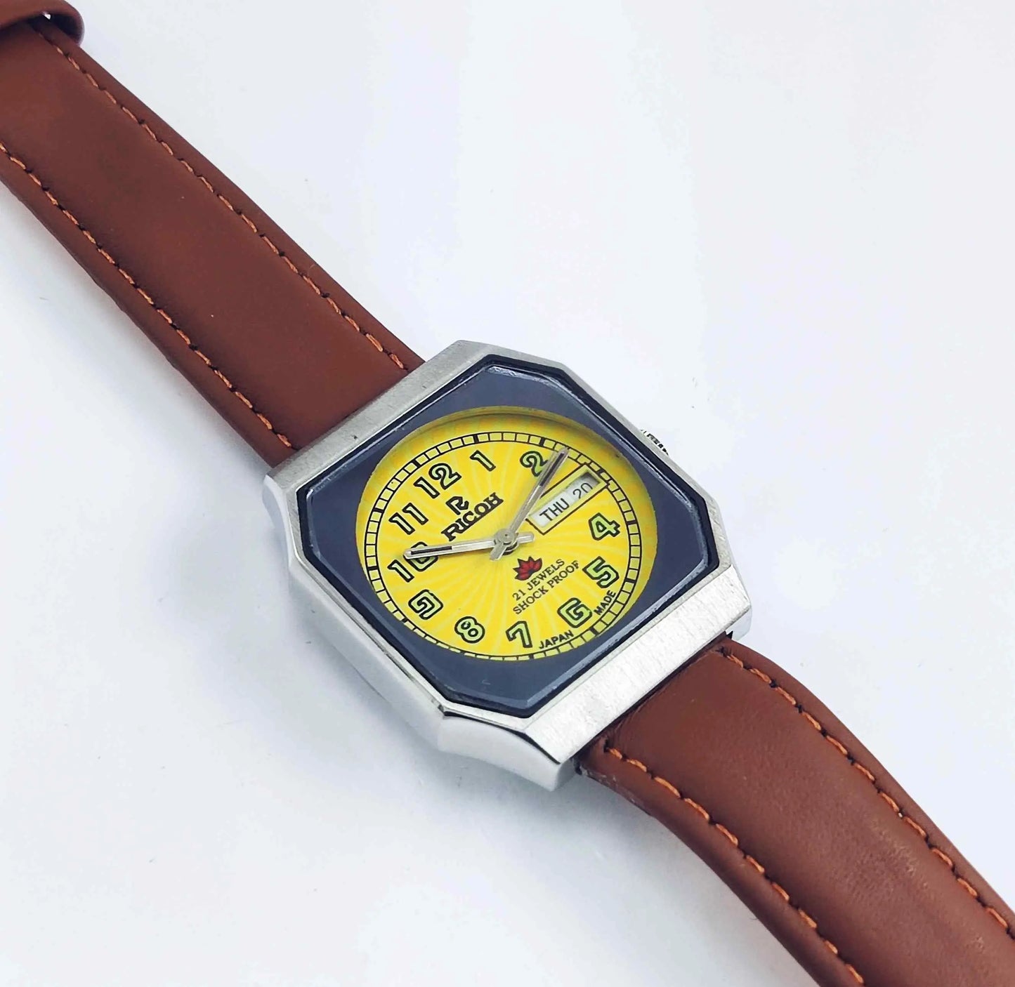 Ricoh Yellow Dial 21 Jewels Day Date Shock Proof R-31 Men's Wrist Watch Discover-Diamonds