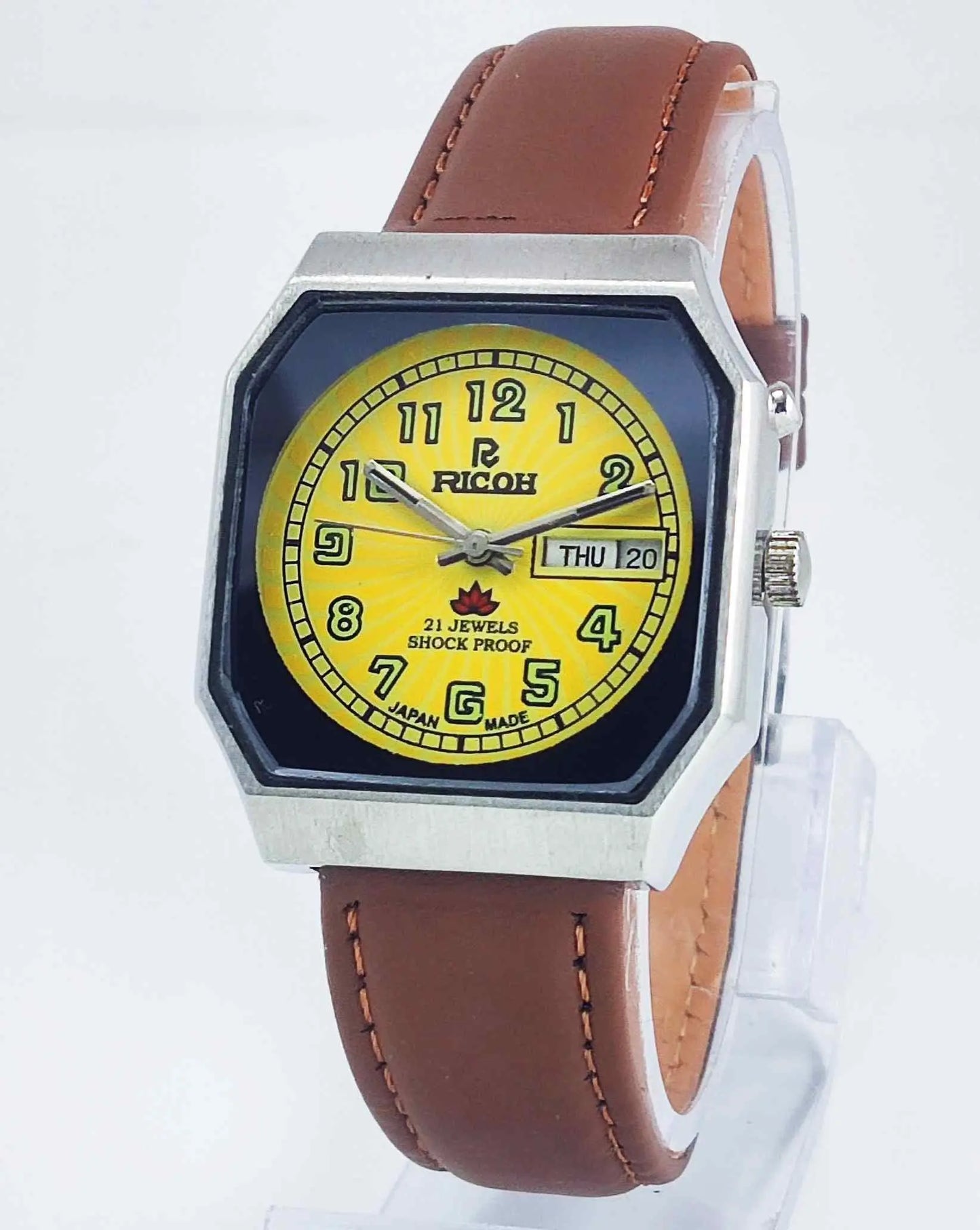 Ricoh Yellow Dial 21 Jewels Day Date Shock Proof R-31 Men's Wrist Watch Discover-Diamonds