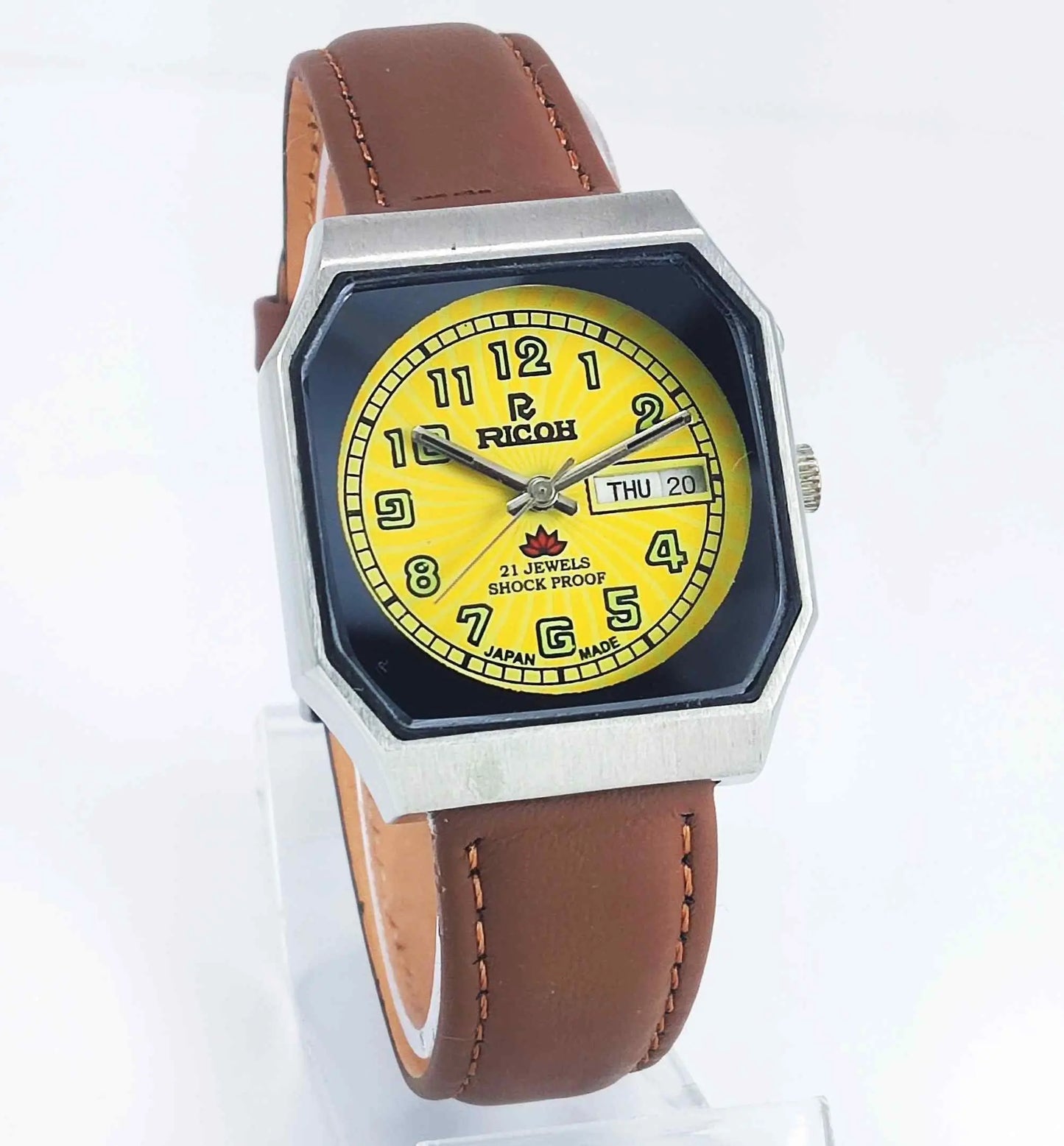 Ricoh Yellow Dial 21 Jewels Day Date Shock Proof R-31 Men's Wrist Watch Discover-Diamonds