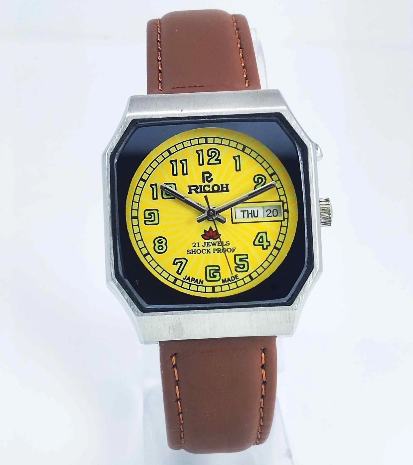 Ricoh Yellow Dial 21 Jewels Day Date Shock Proof R-31 Men's Wrist Watch Discover-Diamonds