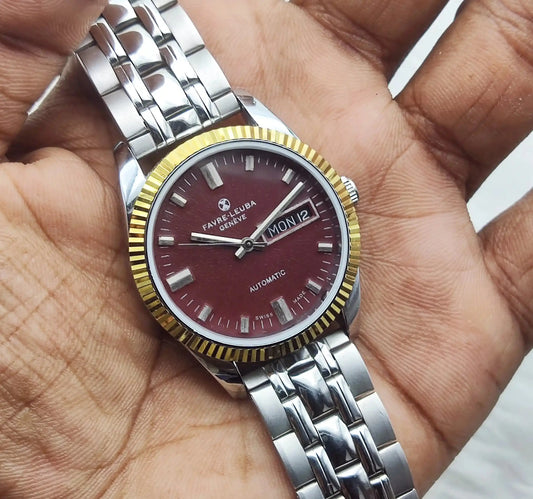 Favre Leuba Geneve Automatic 2066 Day Date Maroon Dial 17 Jewels - Discover-Diamonds