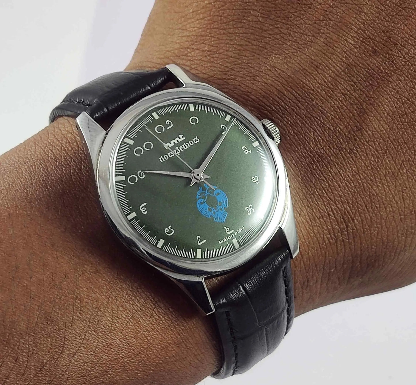 HMT Gandaberunda Kannada Numerals 17 Jewels Para Shock Green Dial Handwinding Men's Watch 0231
