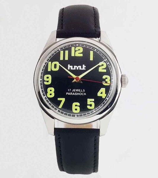 HMT Glow In The Dark Black Dial 17 Jewels Para Shock Handwinding Men's Watch Discover-Diamonds