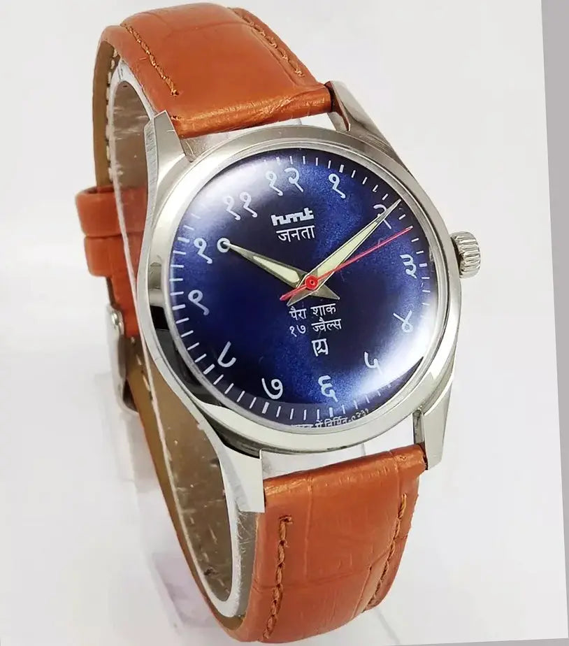 HMT Janata Blue Devanagari Dial 17 Jewels Transparent Back Mechanical Handwinding Men Wrist Watch 0231 Discover-Diamonds