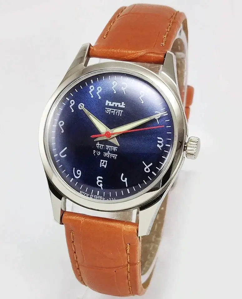 HMT Janata Blue Devanagari Dial 17 Jewels Transparent Back Mechanical Handwinding Men Wrist Watch 0231 Discover-Diamonds