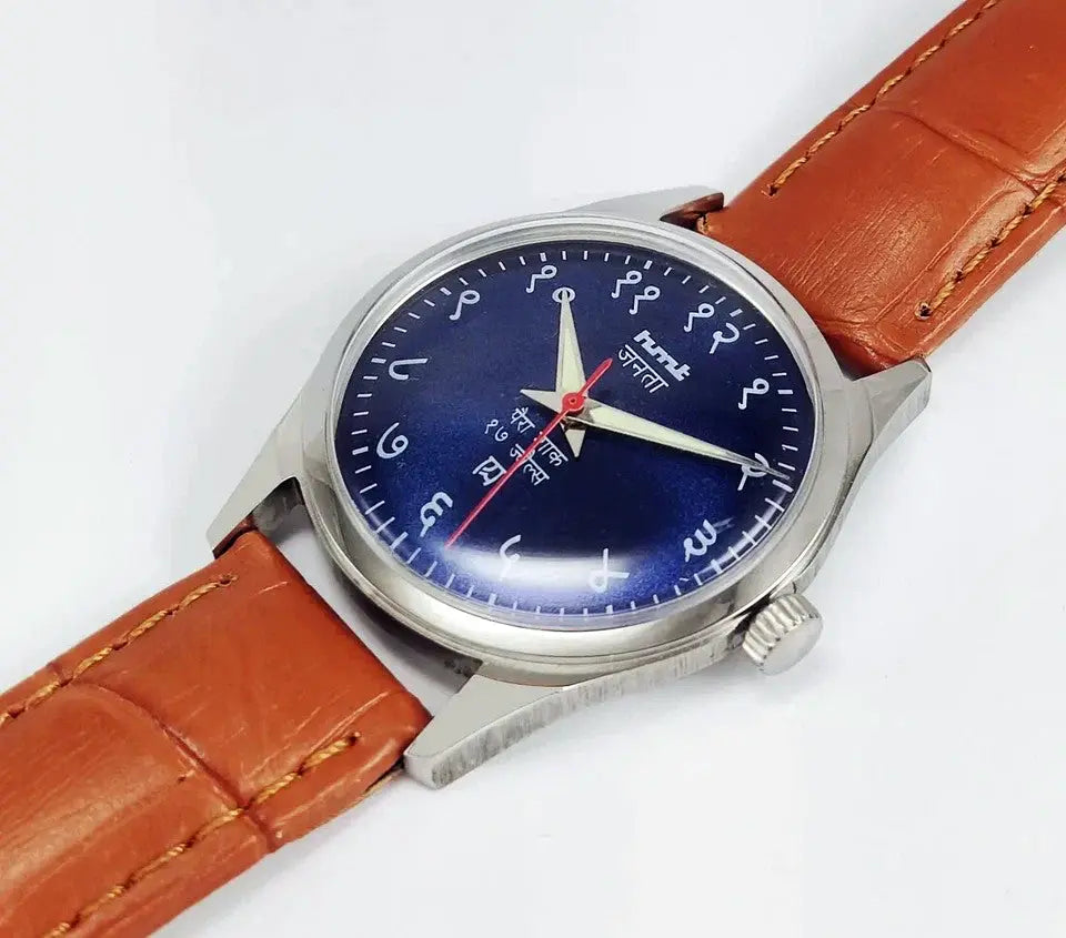 HMT Janata Blue Devanagari Dial 17 Jewels Transparent Back Mechanical Handwinding Men Wrist Watch 0231 Discover-Diamonds