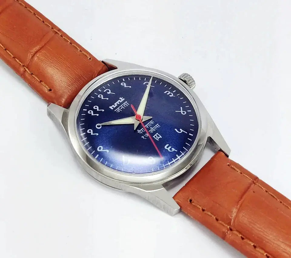 HMT Janata Blue Devanagari Dial 17 Jewels Transparent Back Mechanical Handwinding Men Wrist Watch 0231 Discover-Diamonds