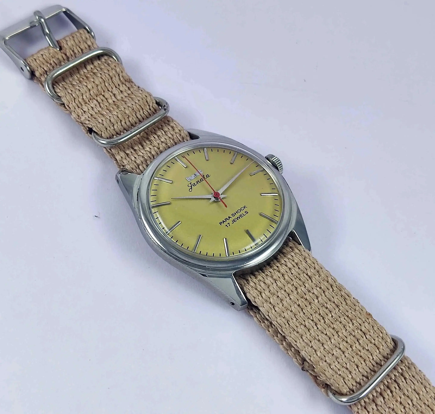 HMT Janata Yellow-Gold Color Dial Para Shock 17 Jewels Mechanical Handwinding Men's Wrist Watch 0231 Discover-Diamonds