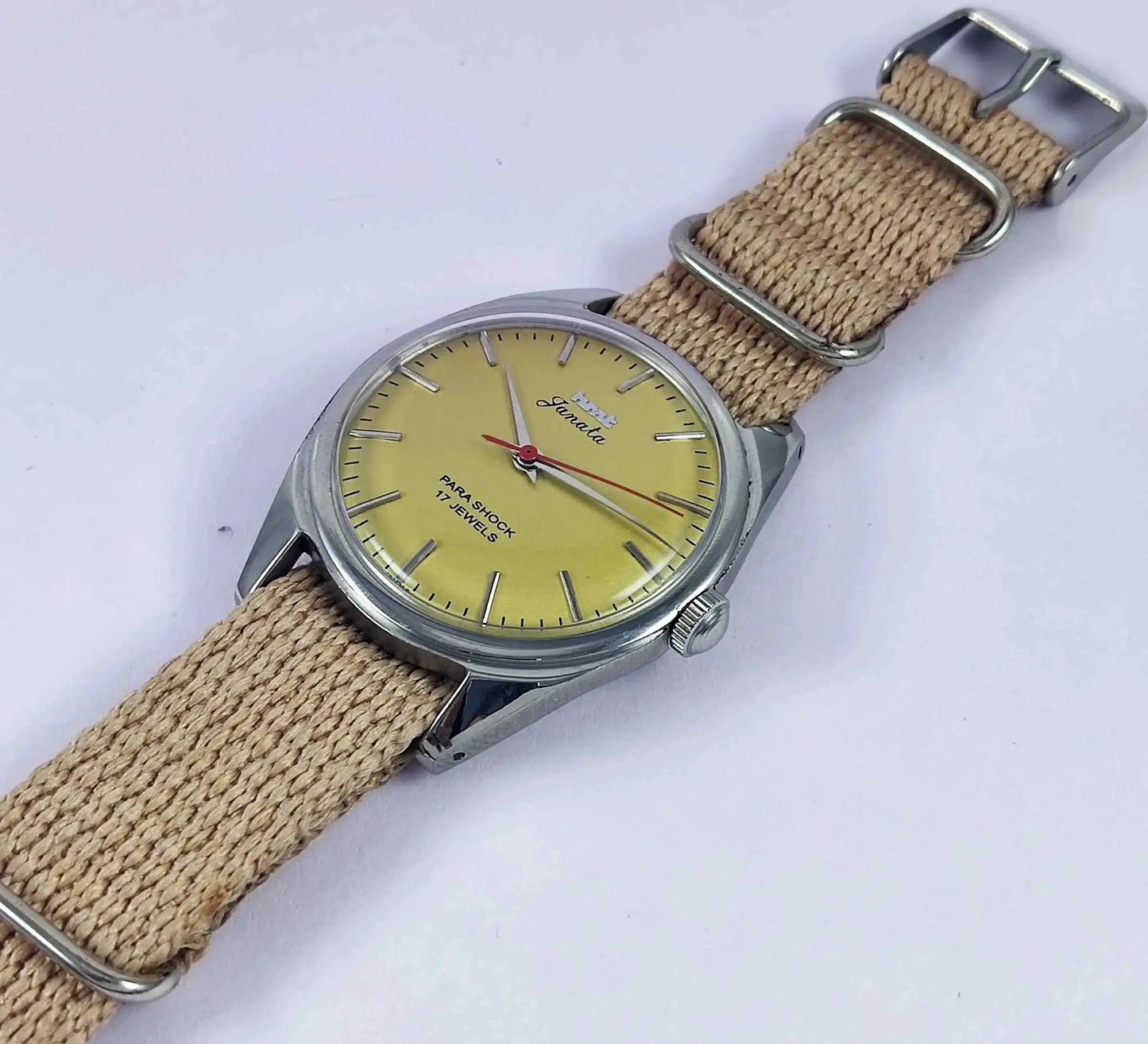 HMT Janata Yellow-Gold Color Dial Para Shock 17 Jewels Mechanical Handwinding Men's Wrist Watch 0231 Discover-Diamonds