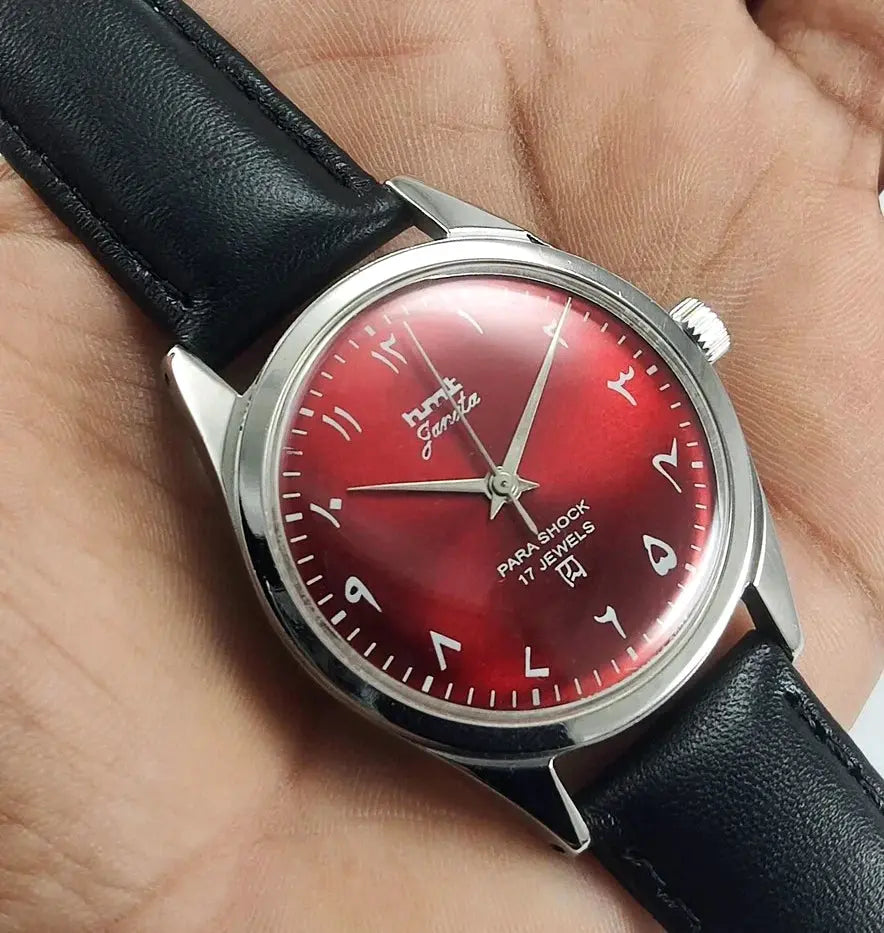 HMT Janata Para Shock 17 Jewels Maroon Dial Transparent Back Mechanical Handwinding Men's Wrist Watch 0231 Discover-Diamonds