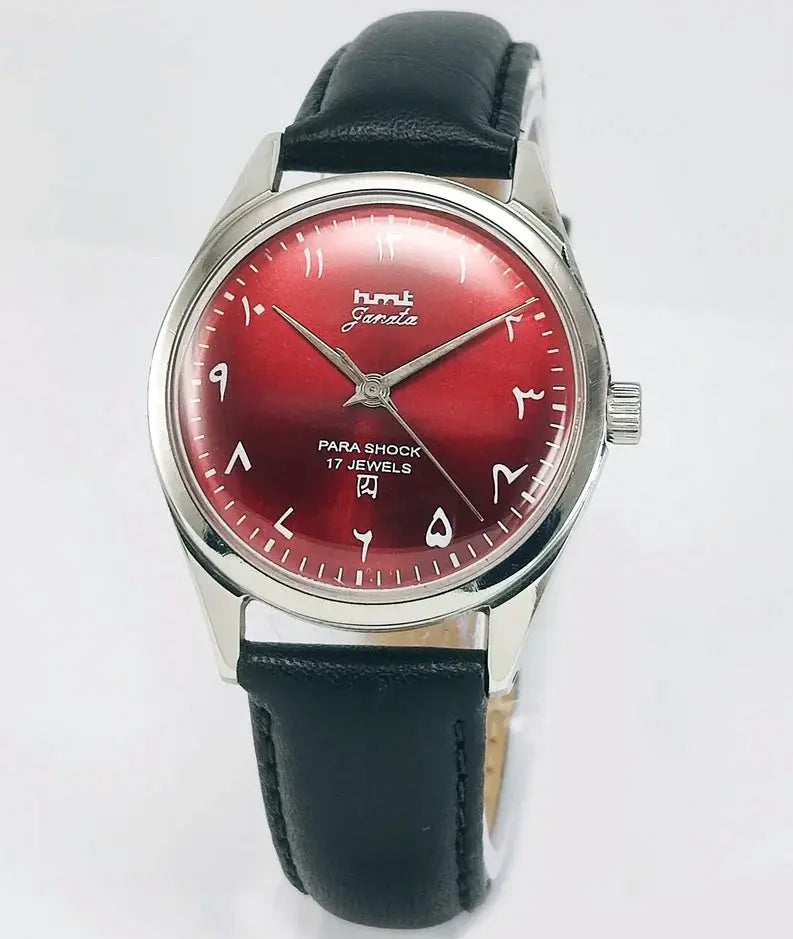 HMT Janata Para Shock 17 Jewels Maroon Dial Transparent Back Mechanical Handwinding Men's Wrist Watch 0231 Discover-Diamonds