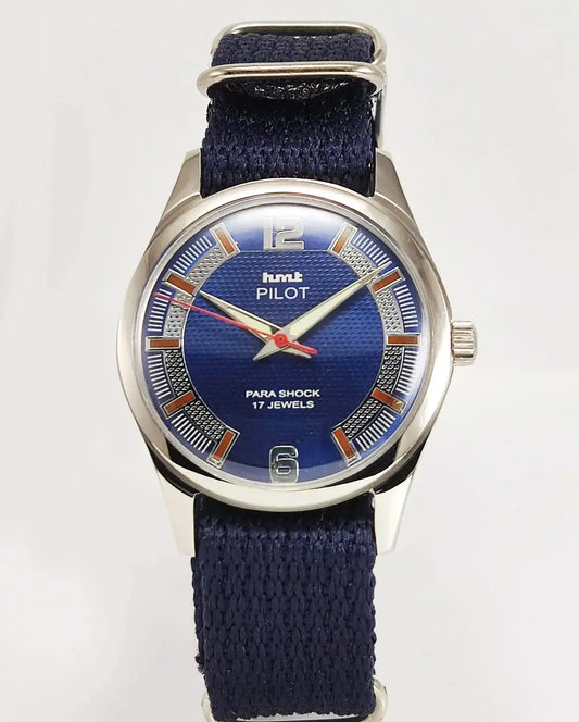 HMT Pilot Blue Dial 17 Jewels Para Shock Mechanical Handwinding Men's Wrist Watch 0231 Discover-Diamonds