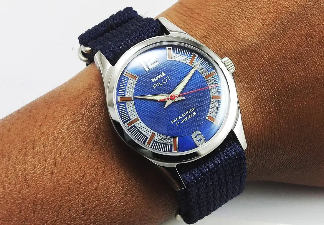 HMT Pilot Blue Dial 17 Jewels Para Shock Mechanical Handwinding Men's Wrist Watch 0231 Discover-Diamonds