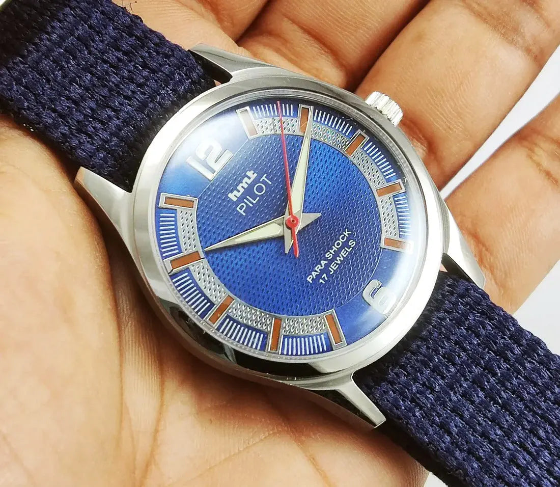 HMT Pilot Blue Dial 17 Jewels Para Shock Mechanical Handwinding Men's Wrist Watch 0231 Discover-Diamonds
