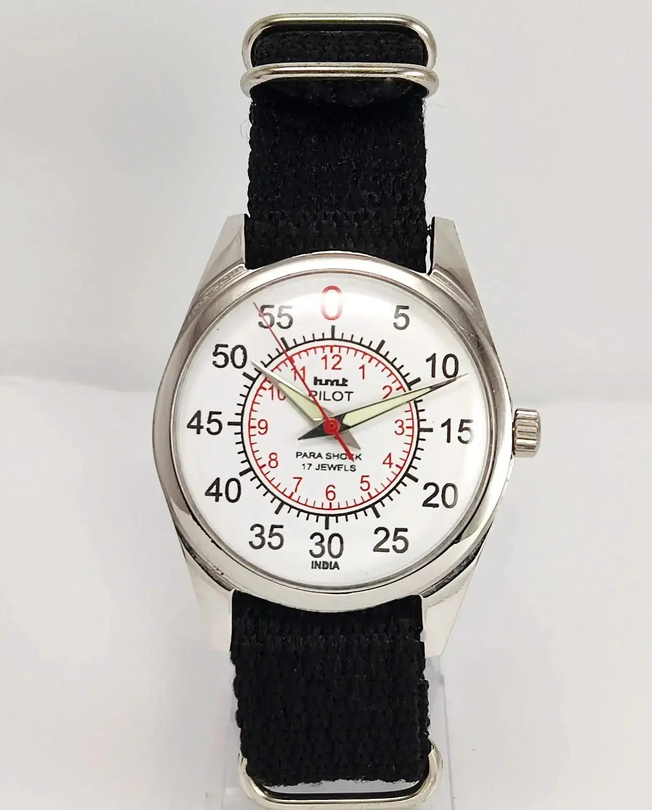 HMT Pilot Para Shock 17 Jewels White Dial Transparent Back Mechanical Handwinding Men's Wrist Watch 0231 Discover-Diamonds