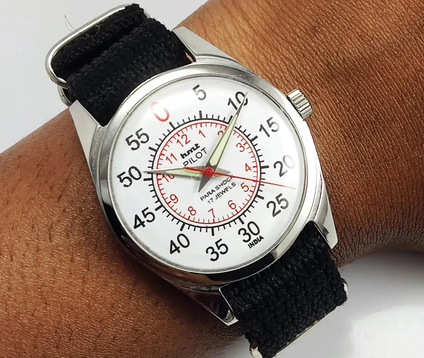 HMT Pilot Para Shock 17 Jewels White Dial Transparent Back Mechanical Handwinding Men's Wrist Watch 0231 Discover-Diamonds