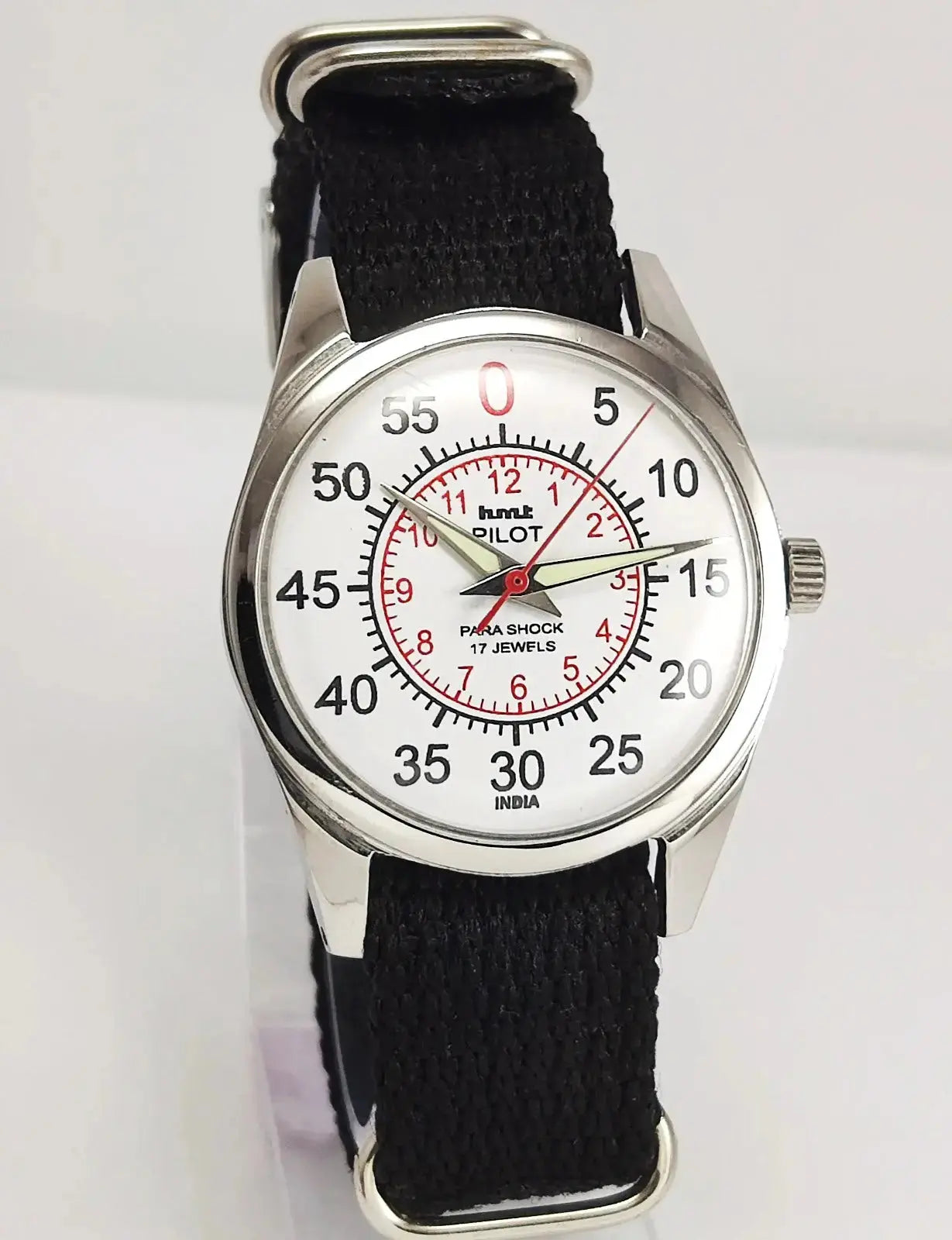 HMT Pilot Para Shock 17 Jewels White Dial Transparent Back Mechanical Handwinding Men's Wrist Watch 0231 Discover-Diamonds