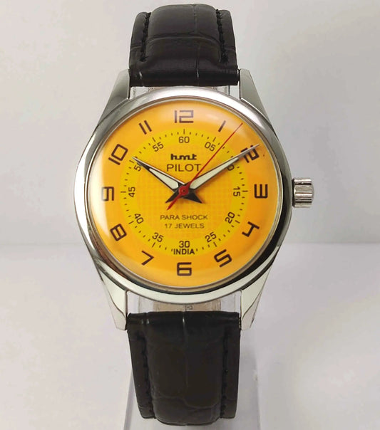HMT Pilot Yellow Dial Para Shock 17 Jewels Mechanical Handwinding Men's Watch 0231 Discover-Diamonds