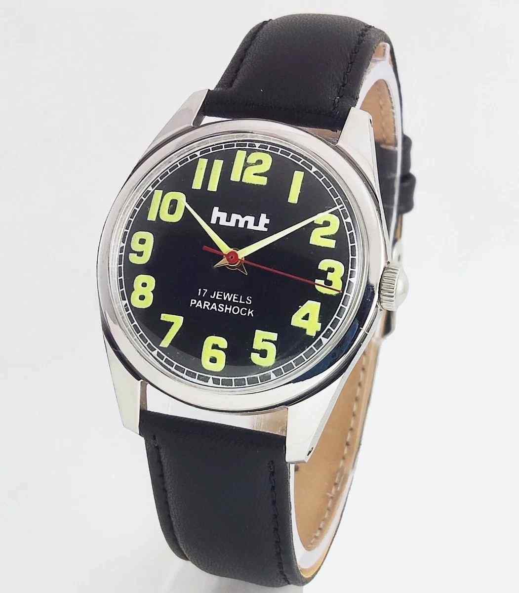 HMT Glow In The Dark Black Dial 17 Jewels Para Shock Handwinding Men's Watch Discover-Diamonds