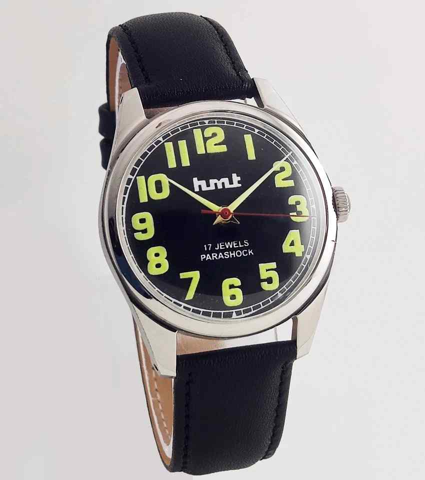 HMT Glow In The Dark Black Dial 17 Jewels Para Shock Handwinding Men's Watch Discover-Diamonds