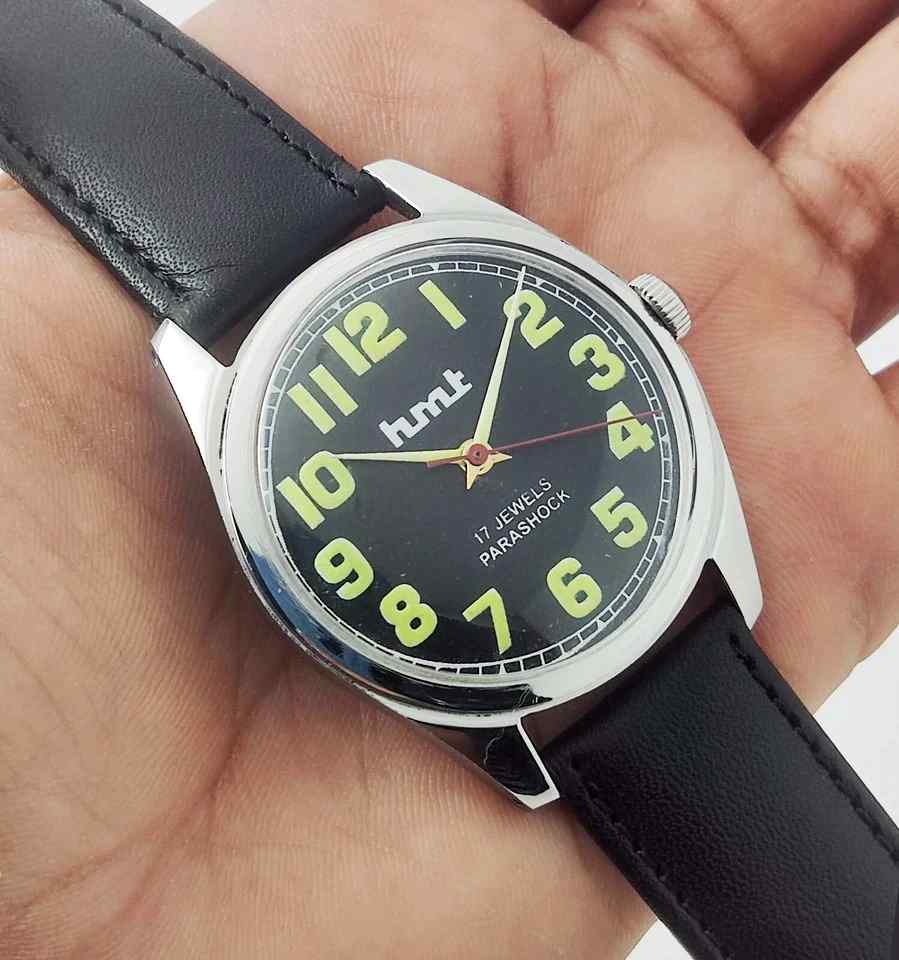 HMT Glow In The Dark Black Dial 17 Jewels Para Shock Handwinding Men's Watch Discover-Diamonds