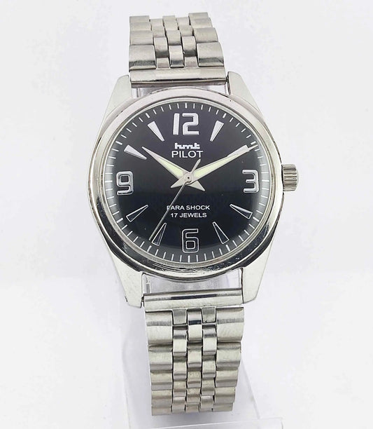 HMT Pilot Black Dial Para Shock 17 Jewels Mechanical Handwinding Men's Wrist Watch 0231 Discover-Diamonds