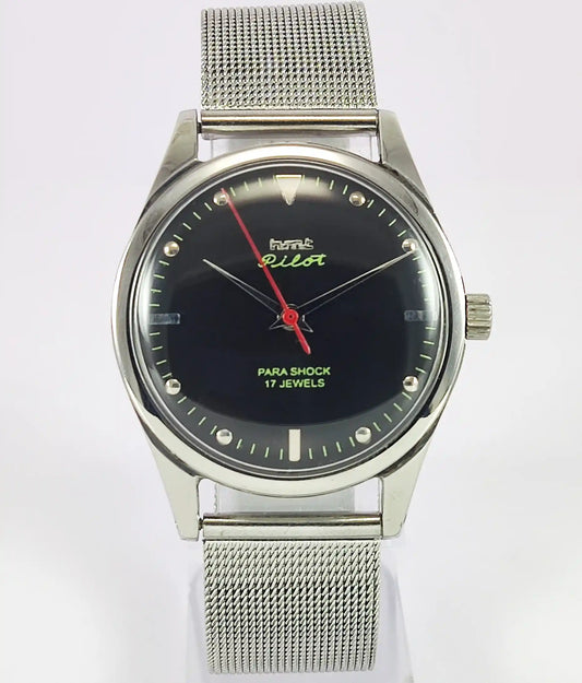 HMT Pilot Para Shock 17 Jewels Black Dial Handwinding Watch - Discover-Diamonds