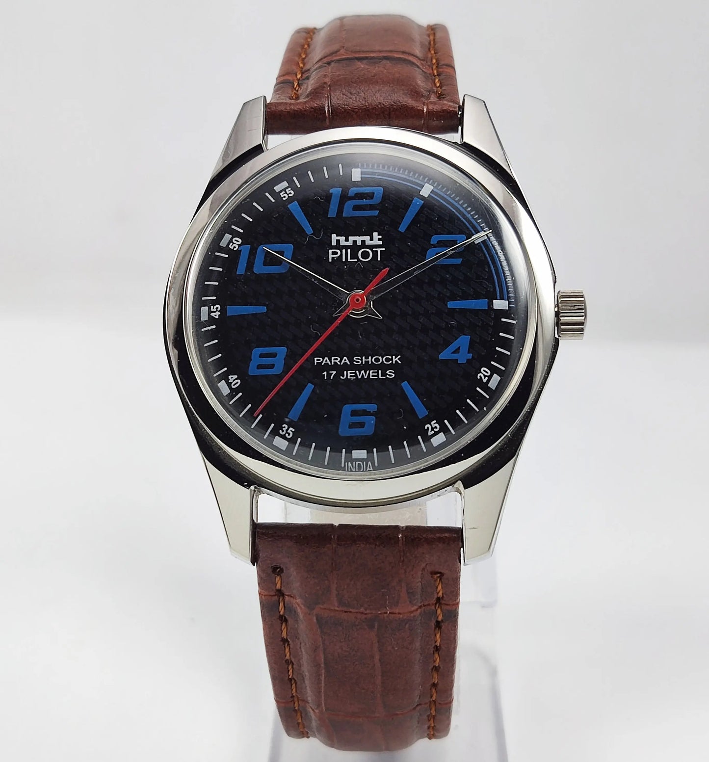 HMT Pilot Para Shock 17 Jewels Black Dial Transparent Back Mechanical Hand winding Men's Wrist Watch Discover-Diamonds