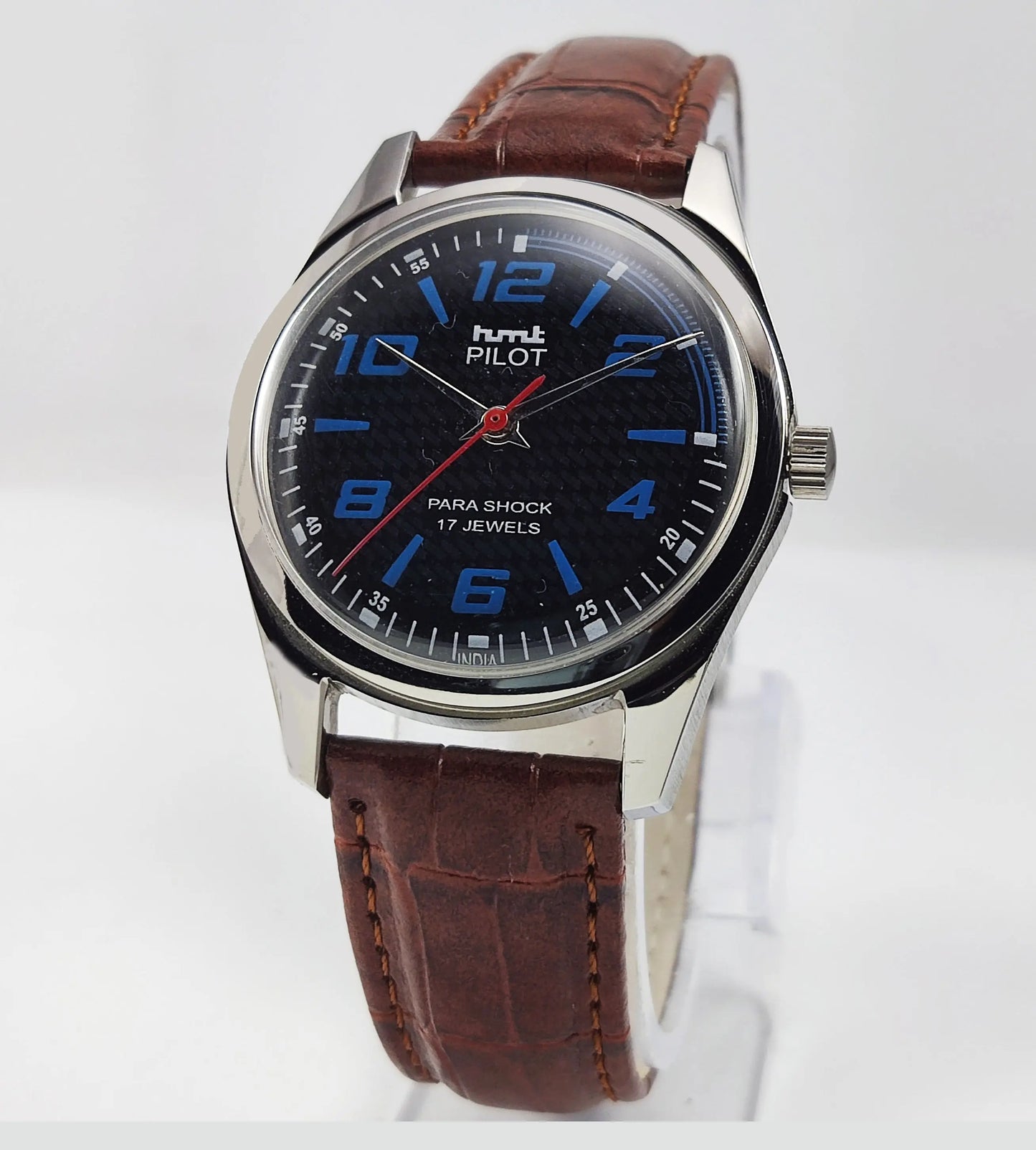 HMT Pilot Para Shock 17 Jewels Black Dial Transparent Back Mechanical Hand winding Men's Wrist Watch Discover-Diamonds