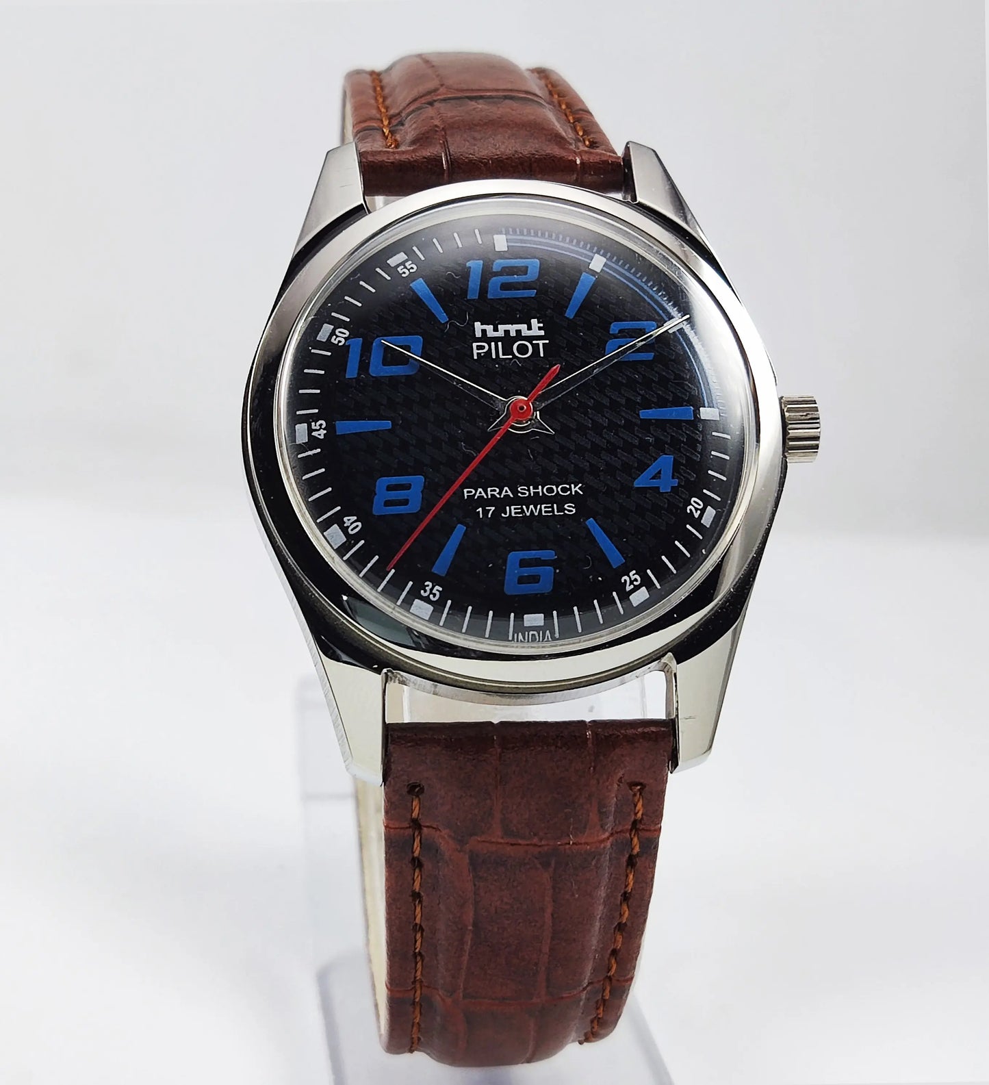 HMT Pilot Para Shock 17 Jewels Black Dial Transparent Back Mechanical Hand winding Men's Wrist Watch Discover-Diamonds