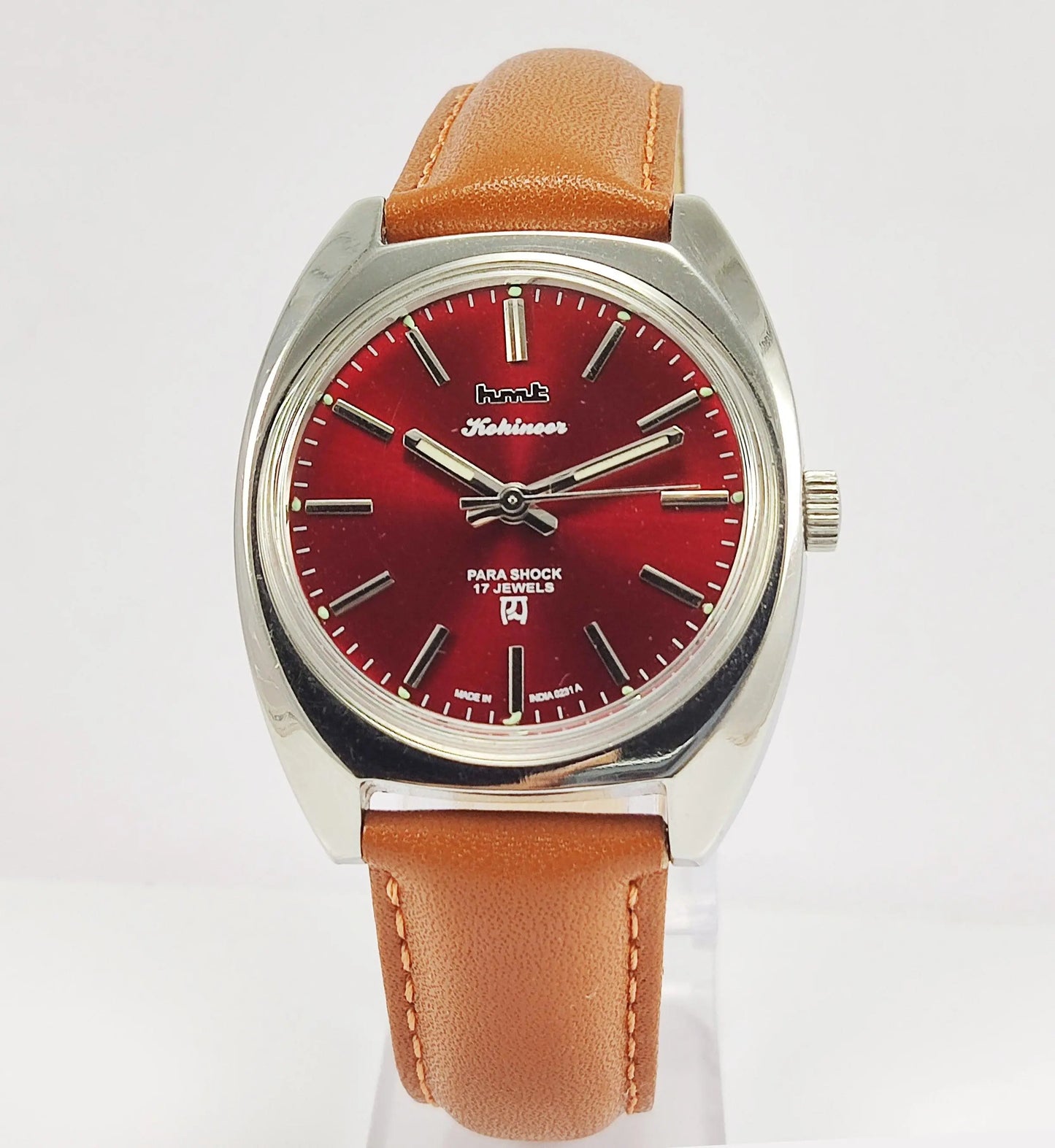 HMT Kohinoor Para Shock 17 Jewels Maroon Red Dial Mechanical Hand winding Men's Wrist Watch - Discover-Diamonds