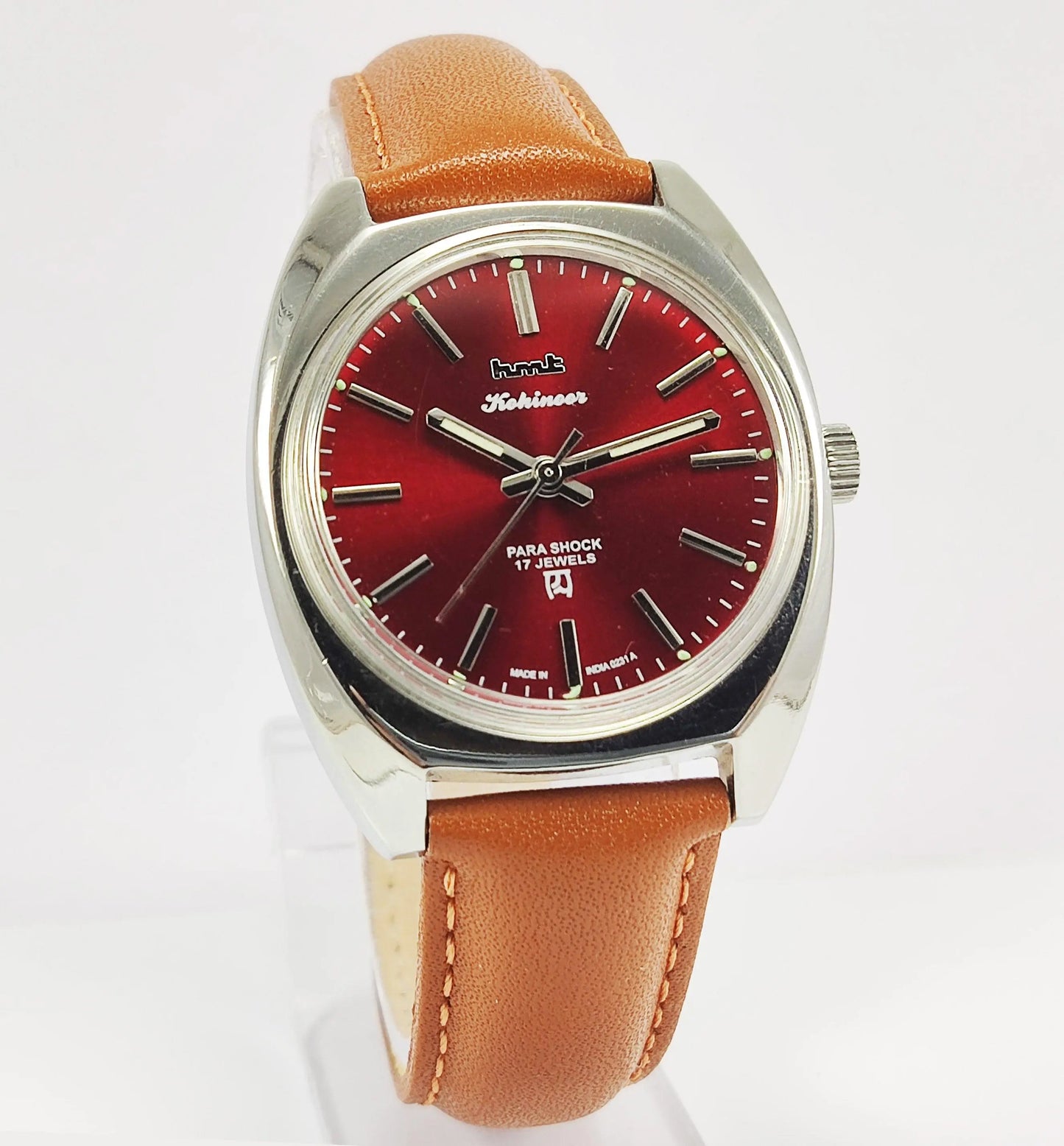 HMT Kohinoor Para Shock 17 Jewels Maroon Red Dial Mechanical Hand winding Men's Wrist Watch - Discover-Diamonds