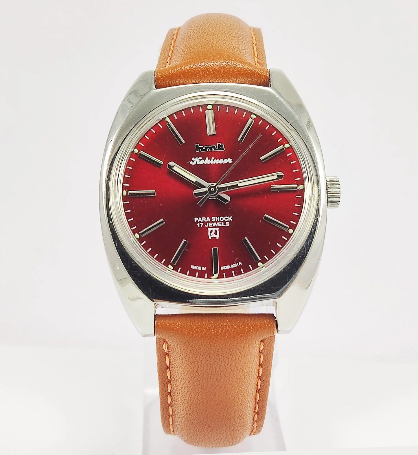 HMT Kohinoor Para Shock 17 Jewels Maroon Red Dial Mechanical Hand winding Men's Wrist Watch - Discover-Diamonds