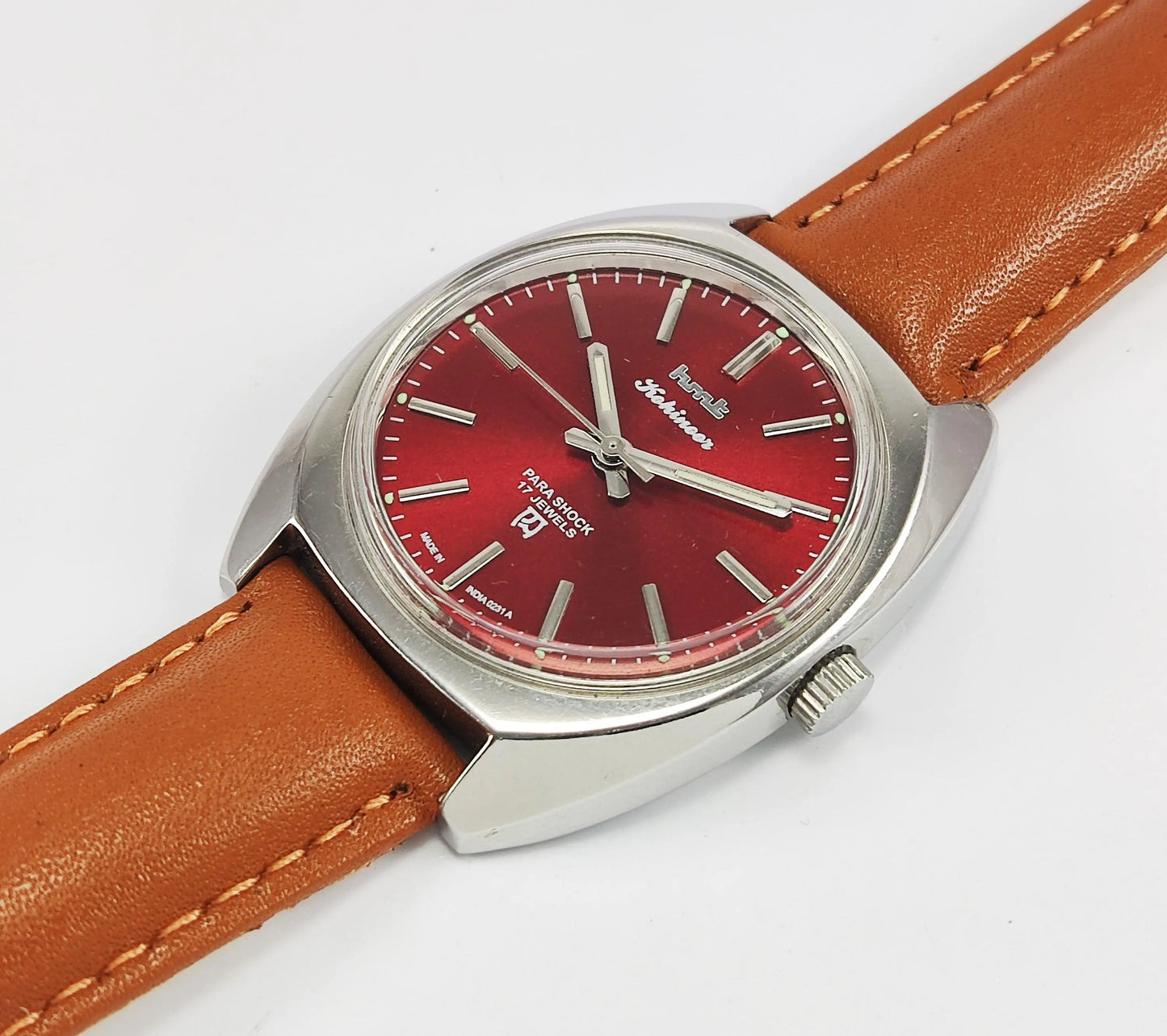 HMT Kohinoor Para Shock 17 Jewels Maroon Red Dial Mechanical Hand winding Men's Wrist Watch - Discover-Diamonds