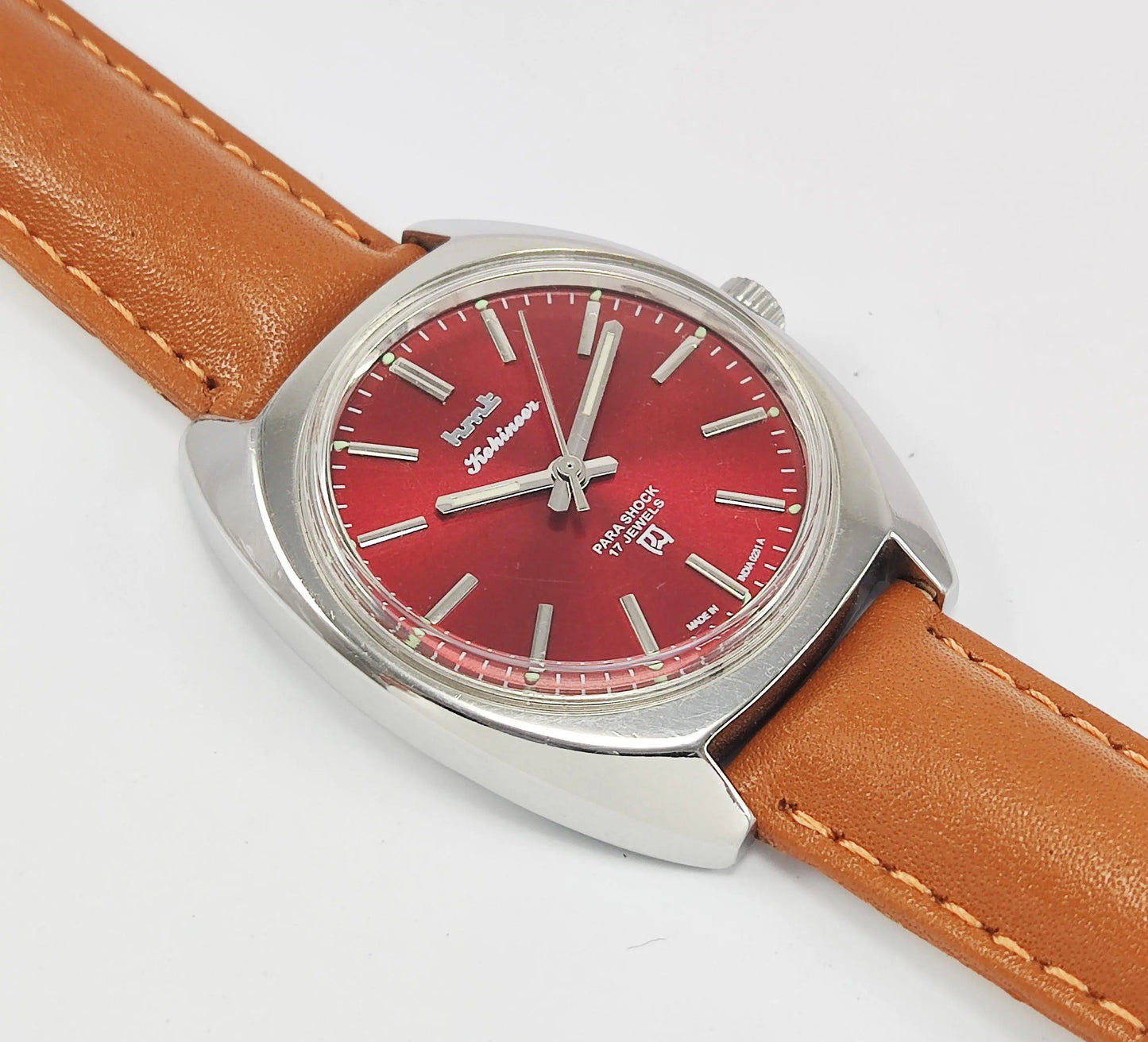 HMT Kohinoor Para Shock 17 Jewels Maroon Red Dial Mechanical Hand winding Men's Wrist Watch - Discover-Diamonds