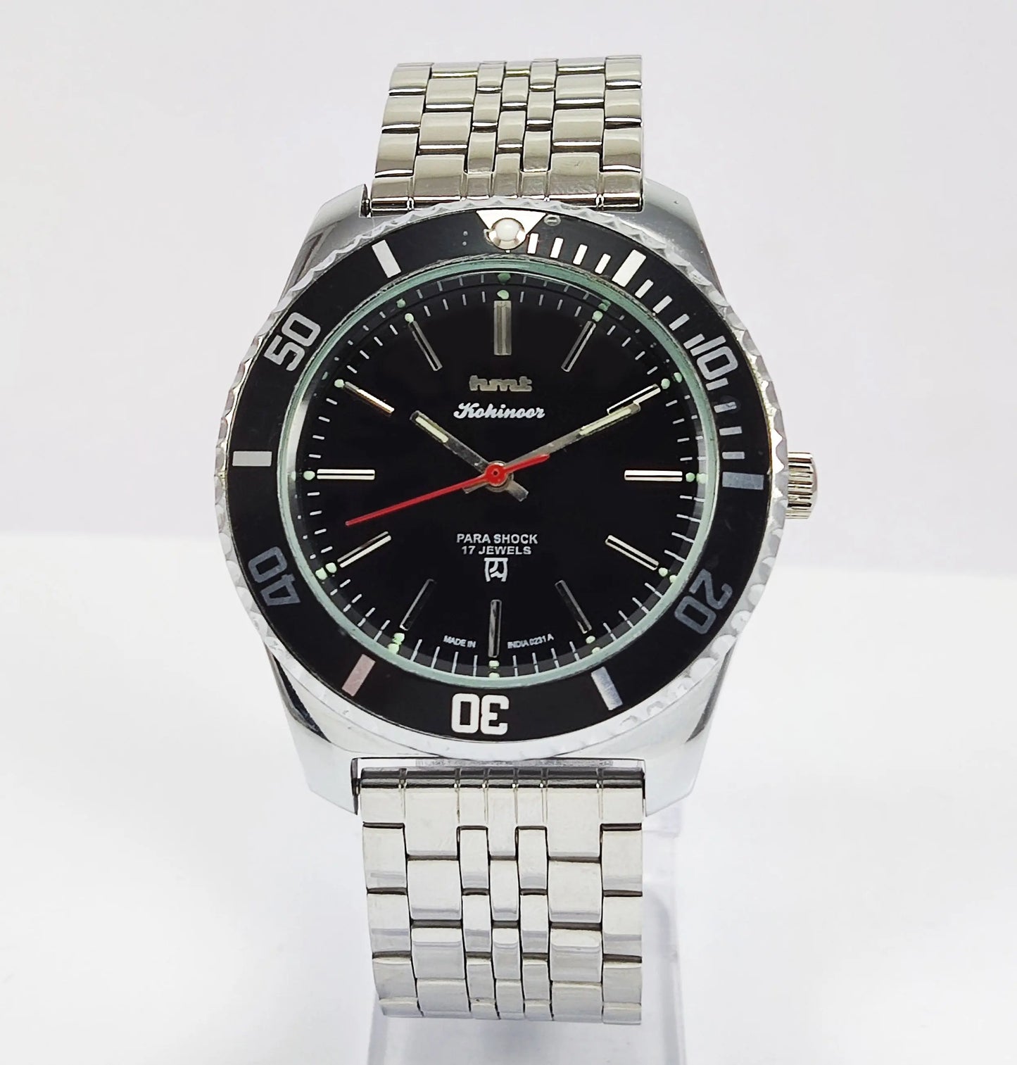 HMT Kohinoor Para Shock 17 Jewels Black Dial Transparent Back Mechanical Hand winding Men's Wrist Watch Discover-Diamonds