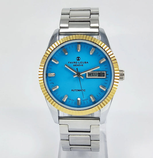 Favre-Leuba Geneve Blue Dial Swiss Made 2066 Automatic Movement 17 Jewels Day-Date Function Golden Bezel Men's Wrist Watch Discover-Diamonds