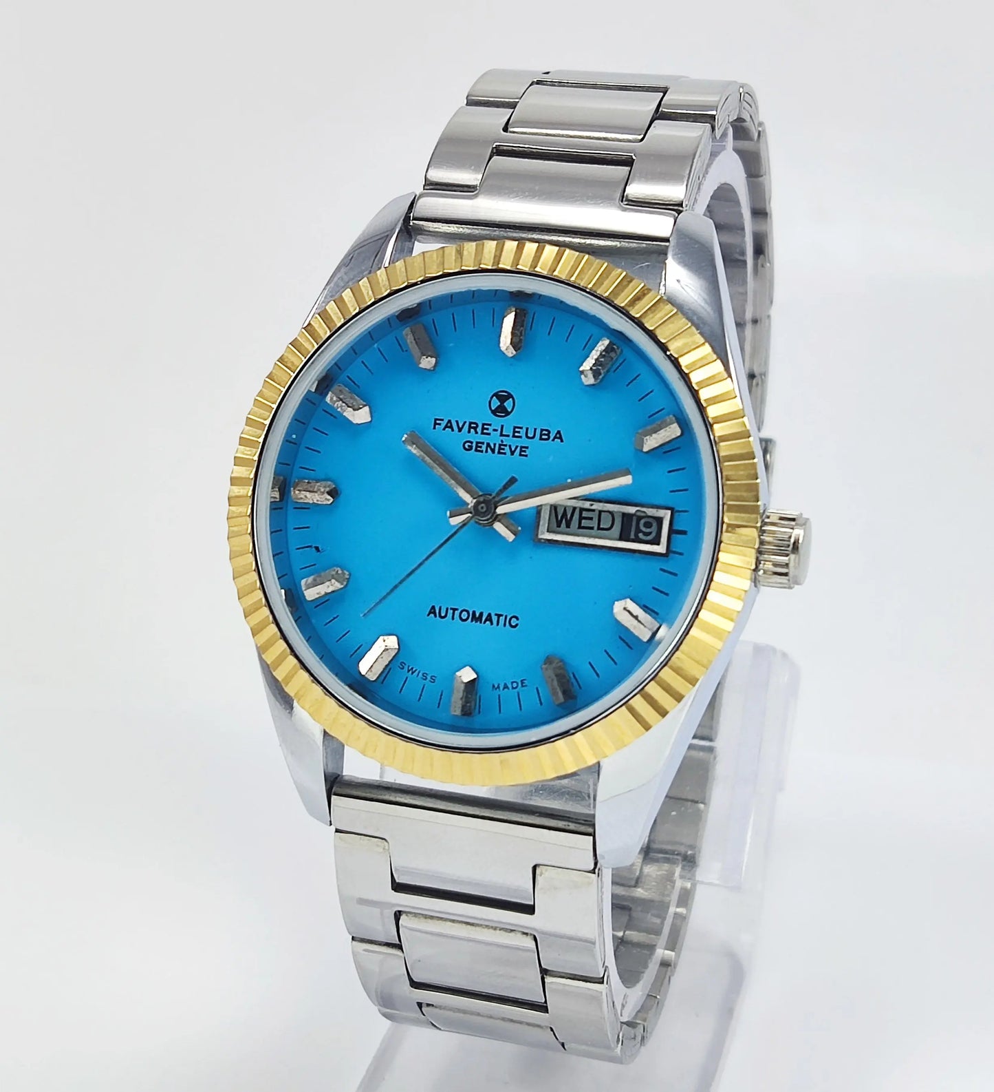 Favre-Leuba Geneve Blue Dial Swiss Made 2066 Automatic Movement 17 Jewels Day-Date Function Golden Bezel Men's Wrist Watch Discover-Diamonds